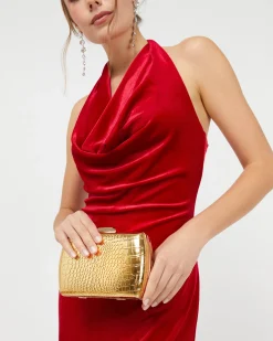 Bolso de mano de fiesta con correa animal print metalizado